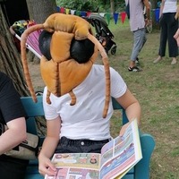 Person mit großer Hornissen-Kopfmaske sitzt auf einem Stuhl und liest in einem Buch.